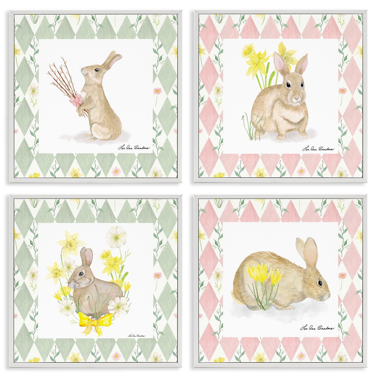 Stupell Industries Spring Bunnies on Argyle 4pc Framed Giclee Set, design by Lee Ann Sanders
